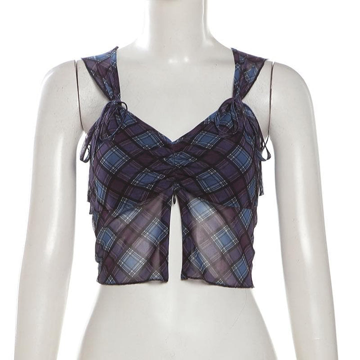 V neck plaid print bowknot crop top  | Festival Outfits Women