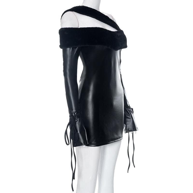 Long sleeve off shoulder PU leather furry solid mini dress-final-sale  | Festival Outfits Women
