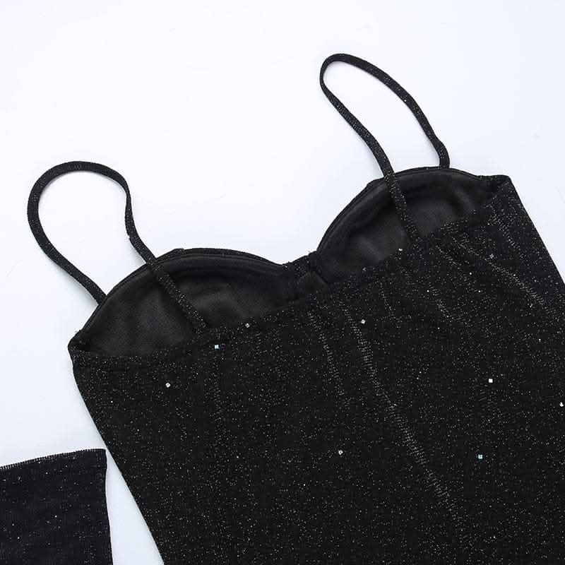 Gloves solid beaded slit sweetheart neck cami mini dress-final-sale