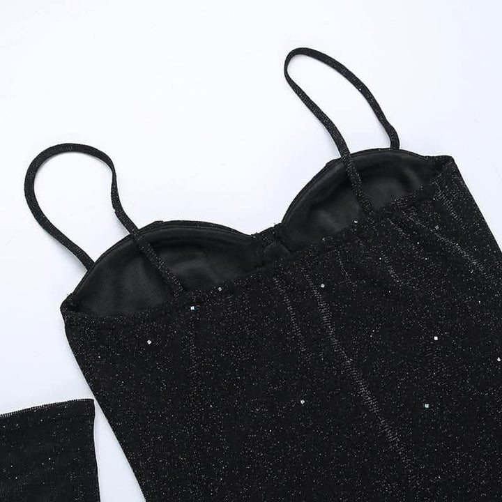Gloves solid beaded slit sweetheart neck cami mini dress-final-sale