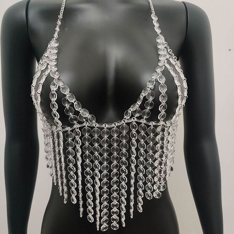 Halter crystal tassels beaded hollow out cut out top  | Festival Outfits Women