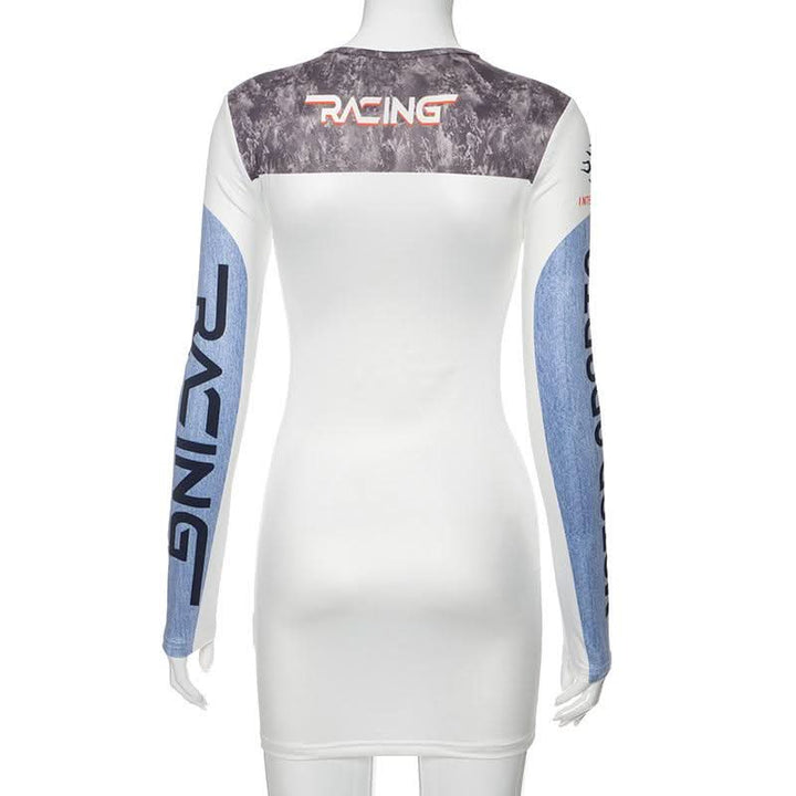 Contrast print long sleeve crewneck mini dress-final-sale  | Festival Outfits Women