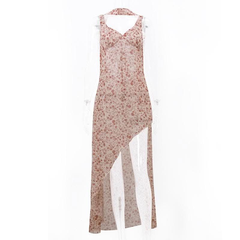 Contrast flower print slit irregular backless midi dress-final-sale  | Festival Outfits Women