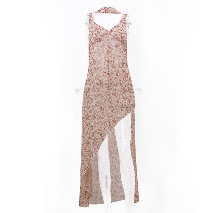 Contrast flower print slit irregular backless midi dress-final-sale  | Festival Outfits Women