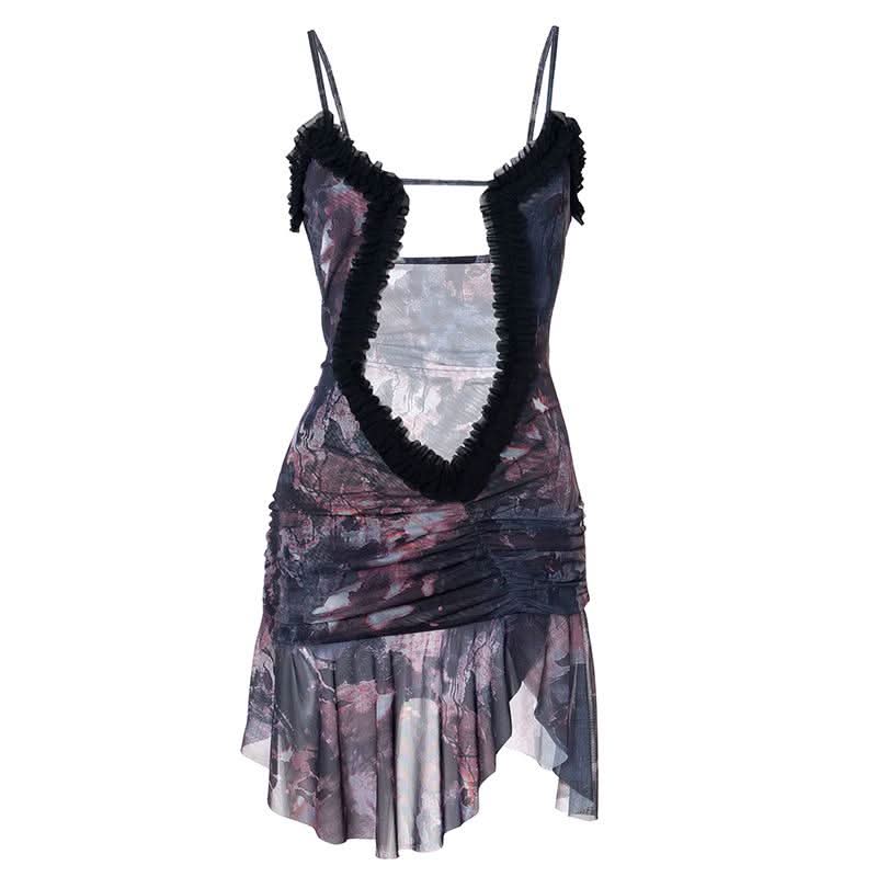 Double layered mesh ruffle hollow out cami cut out mini dress-final-sale