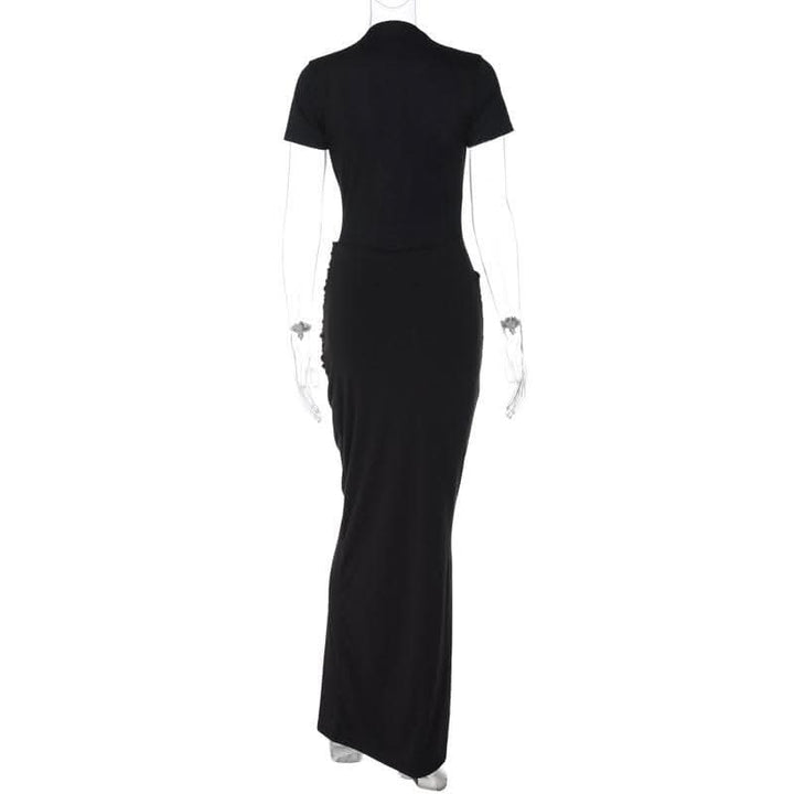 Short sleeve v neck ruched low cut slit solid maxi dress-final-sale  | Festival Outfits Women