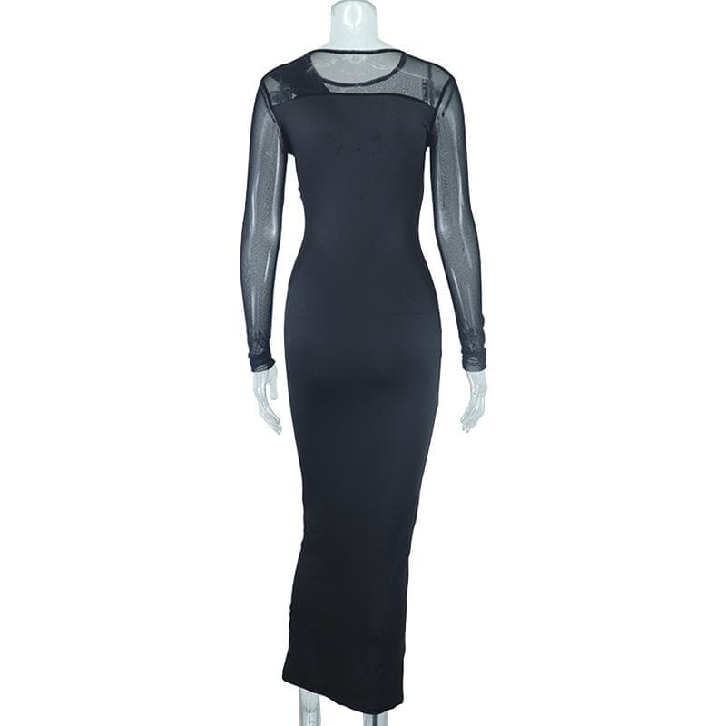 Long sleeve irregular patchwork crewneck mesh midi dress  | Festival Outfits Women