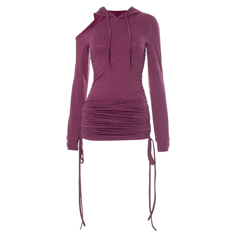 Hoodie long sleeve drawstring off shoulder mini dress  | Festival Outfits Women