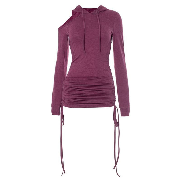 Hoodie long sleeve drawstring off shoulder mini dress  | Festival Outfits Women