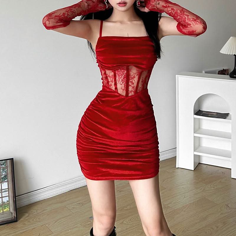 red mini dress with gloves Velvet ruched lace gloves cami mini dress