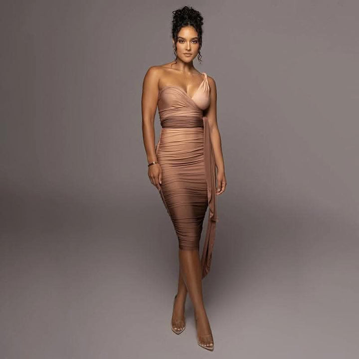 Halter gradient sleeveless ruched 3-way self tie midi dress-final-sale  | Festival Outfits Women