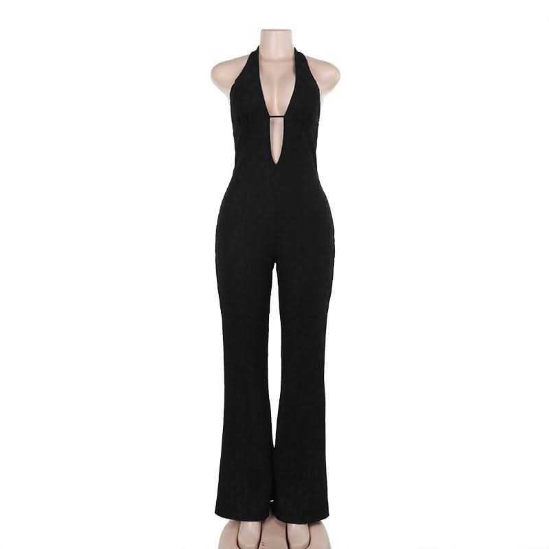 Halter self tie deep V neck lace backless jumpsuit  | Festival Outfits Women