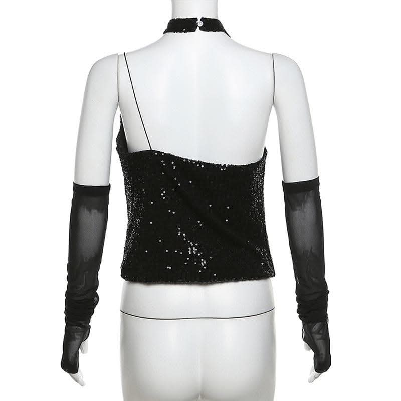 Halter gloves button glitter cowl neck irregular top-final-sale  | Festival Outfits Women