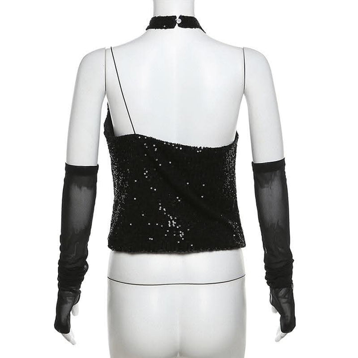 Halter gloves button glitter cowl neck irregular top-final-sale  | Festival Outfits Women
