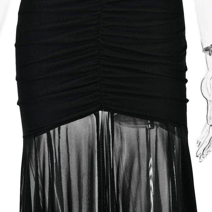 Off shoulder ruched mesh patchwork solid maxi dress  | Festival Outfits Women