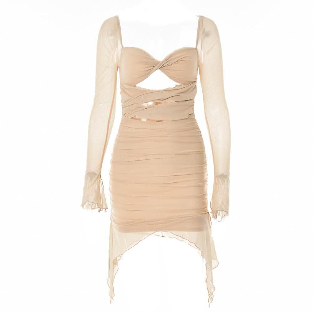 Long sleeve solid hollow out slit mesh ruched zip-up backless cut out mini dress-final-sale  | Festival Outfits Women