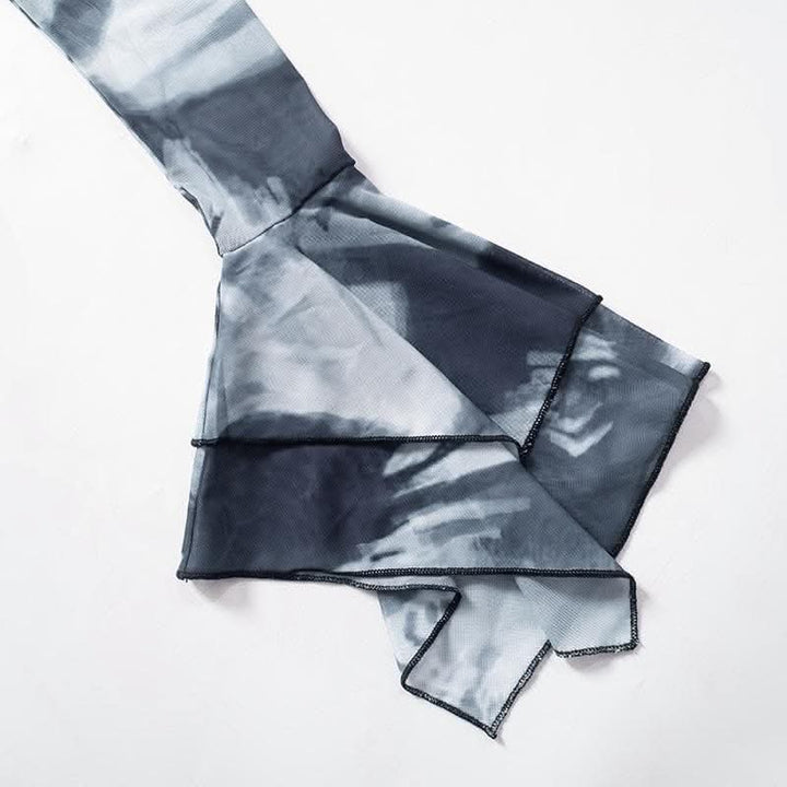 Long flared sleeve sheer mesh print ruffle mini dress-final-sale  | Festival Outfits Women