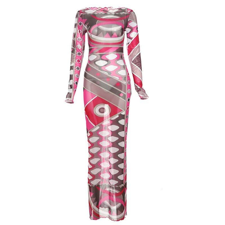Long sleeve ruffle abstract mesh maxi dress-final-sale  | Festival Outfits Women
