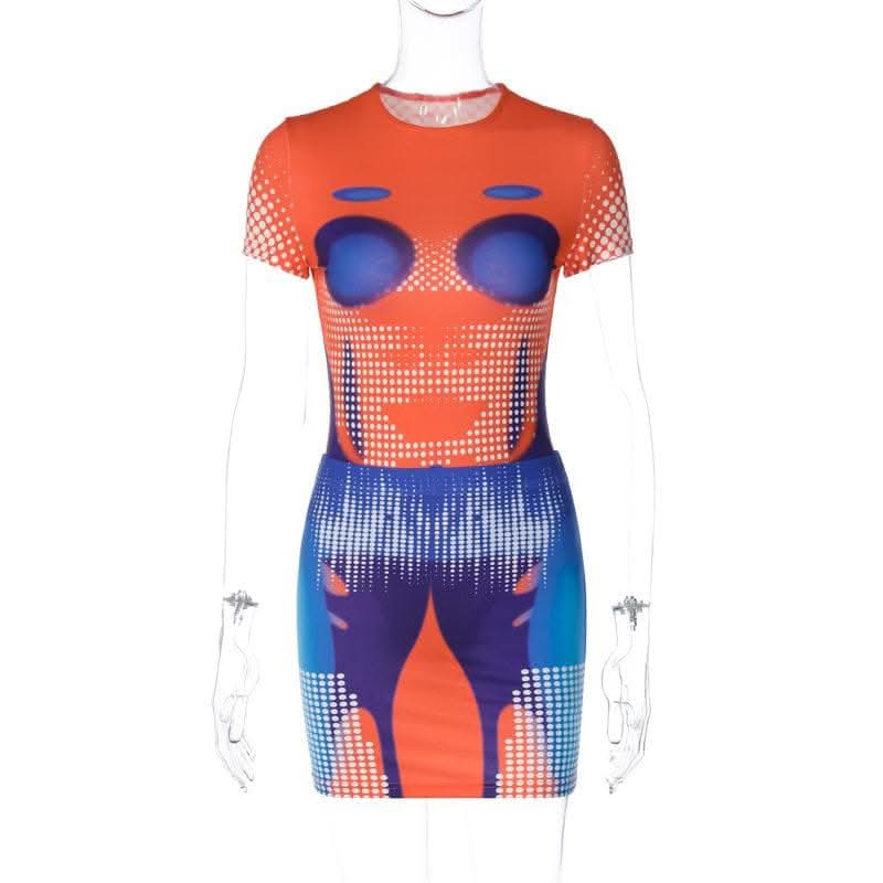 Polka dot thermal contrast short sleeve crewneck bodysuit mini skirt set-final-sale  | Festival Outfits Women