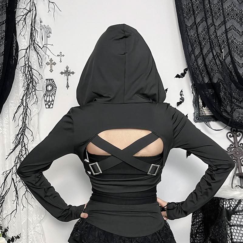 Hoodie long sleeve buckle cross back crop top  | Festival Outfits Women