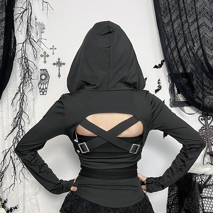 Hoodie long sleeve buckle cross back crop top  | Festival Outfits Women