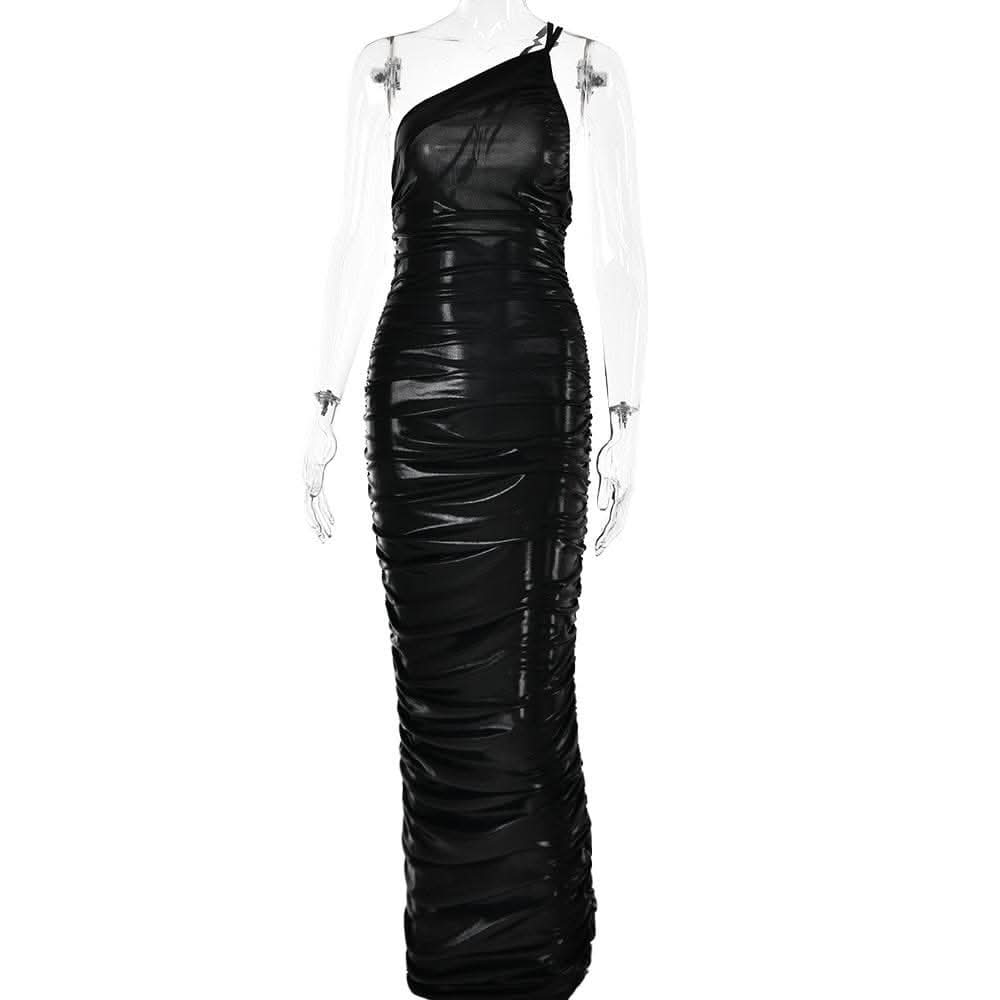 Metallic one shoulder solid ruched zip-up maxi dress-final-sale  | Festival Outfits Women