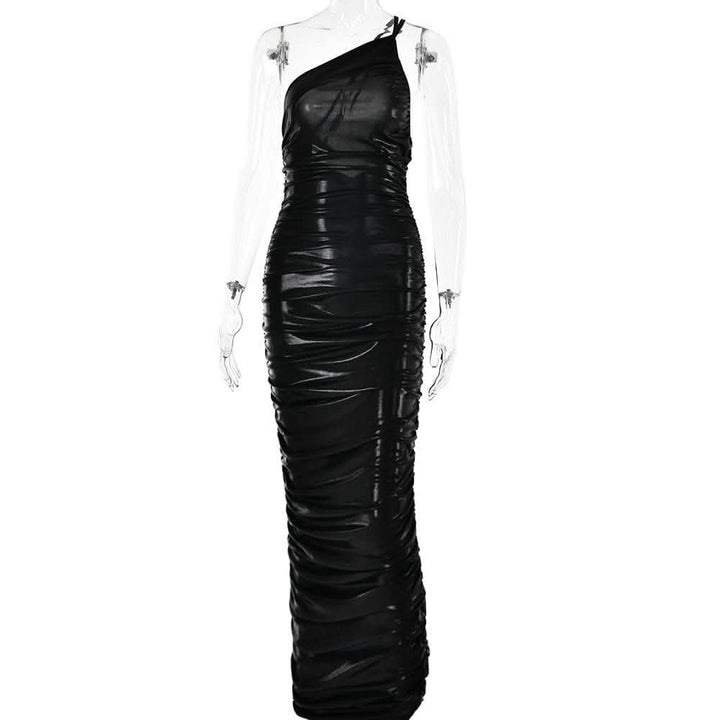 Metallic one shoulder solid ruched zip-up maxi dress-final-sale  | Festival Outfits Women