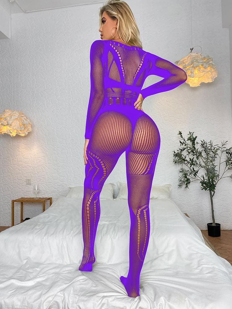 Long sleeve fishnet hollow out solid bodystocking  | Festival Outfits Women