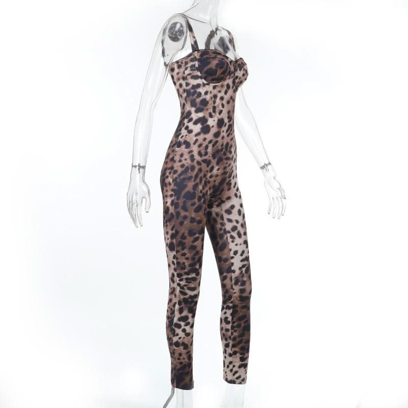 Leopard print v neck backless tank jumpsuit  | Festival Outfits Women