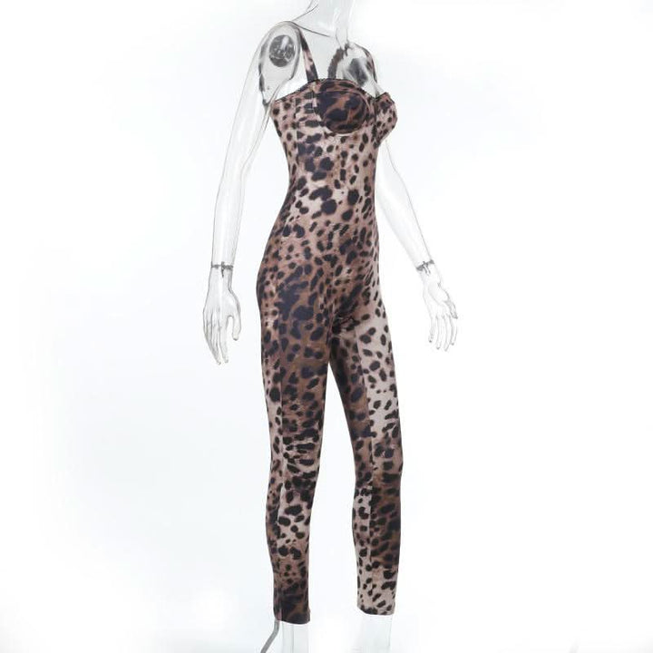 Leopard print v neck backless tank jumpsuit  | Festival Outfits Women