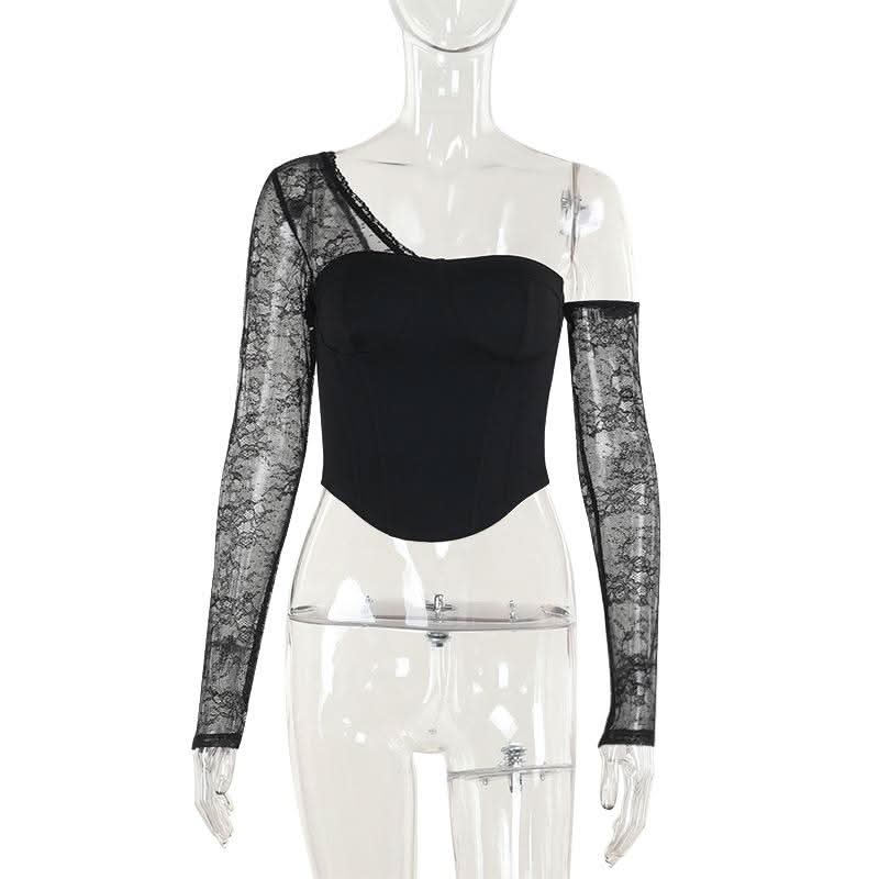One shoulder long sleeve patchwork lace top  | Festival Outfits Women