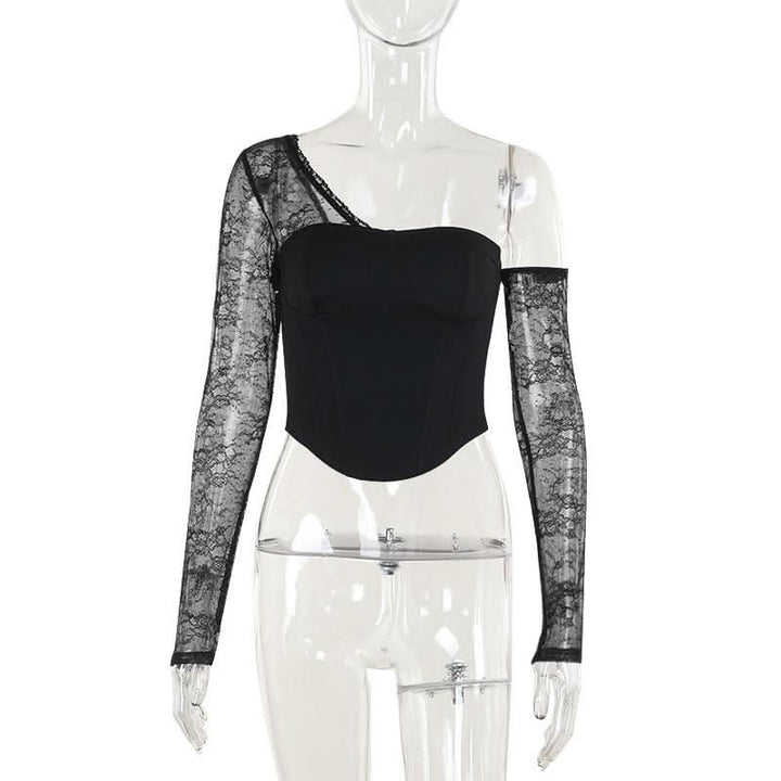One shoulder long sleeve patchwork lace top  | Festival Outfits Women