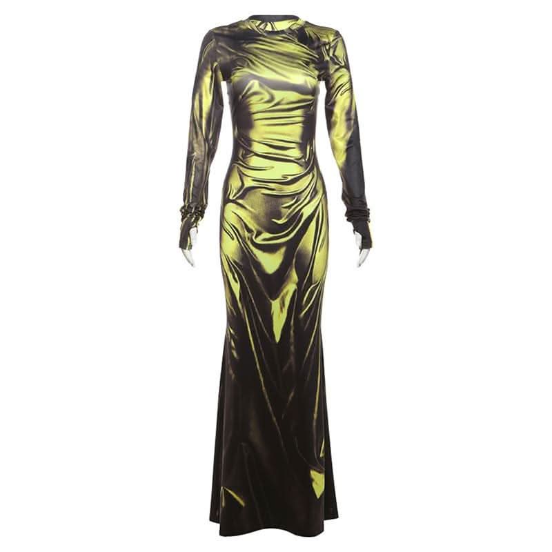Long sleeve crewneck ruched print maxi dress-final-sale