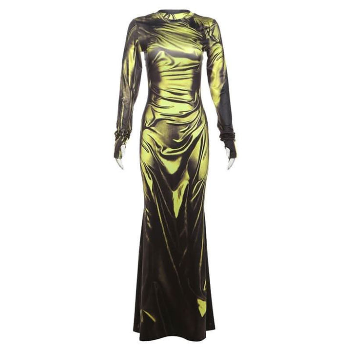 Long sleeve crewneck ruched print maxi dress-final-sale