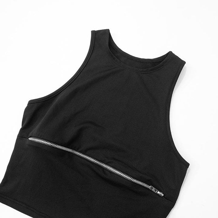 Crewneck zip-up hollow out solid tank cut out top-final-sale