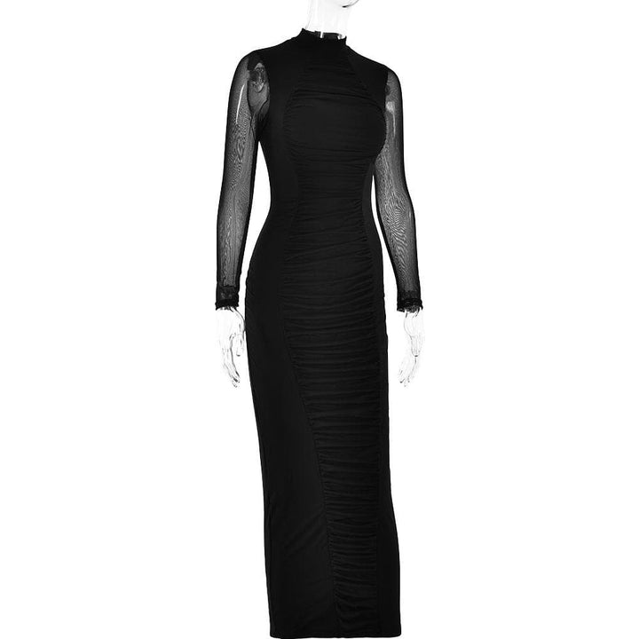 Long sleeve ruched mesh patchwork maxi dress  | Festival Outfits Women