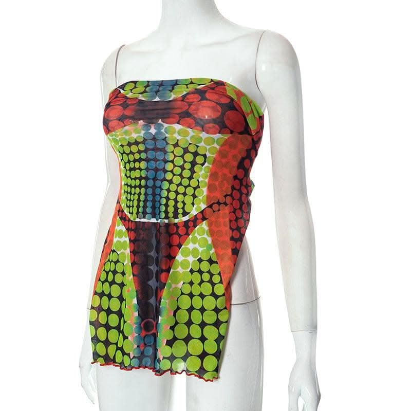 Sheer mesh long sleeve polka dot thermal contrast ruffle 2-way top-final-sale  | Festival Outfits Women