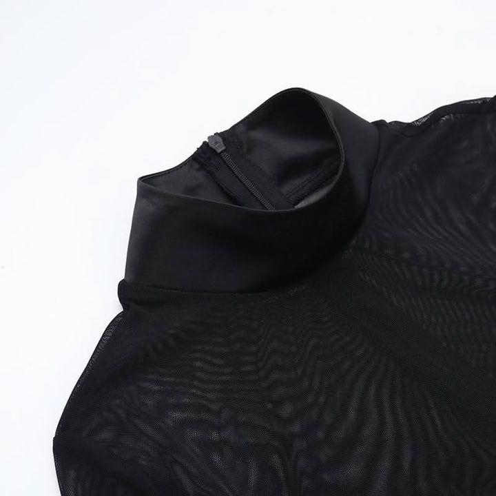 Long sleeve high neck zip-up mesh patchwork mini dress  | Festival Outfits Women