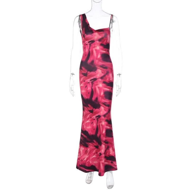 Contrast irregular cowl neck sleeveless backless maxi dress-final-sale  | Festival Outfits Women