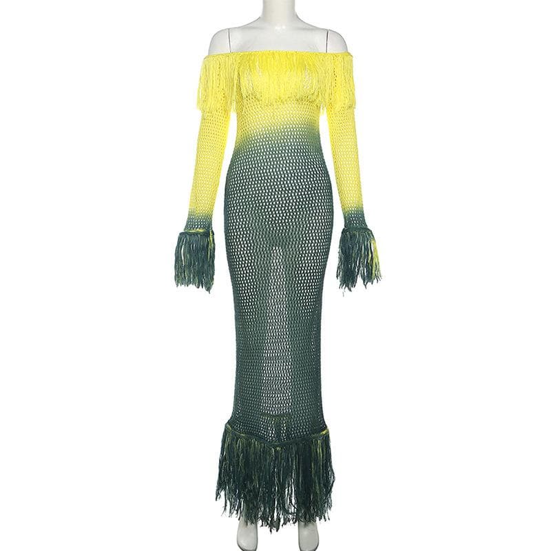 Crochet tassels off shoulder contrast long sleeve maxi dress-final-sale  | Festival Outfits Women