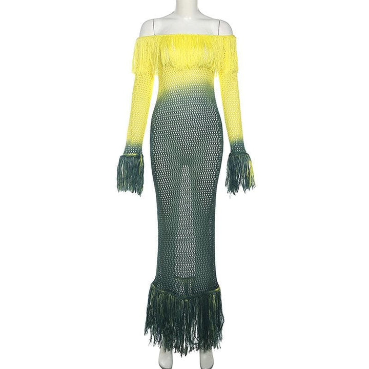 Crochet tassels off shoulder contrast long sleeve maxi dress-final-sale  | Festival Outfits Women