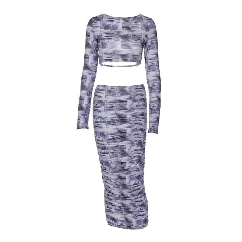 Contrast print long sleeve backless hollow out ruched cut out midi skirt set-final-sale  | Festival Outfits Women