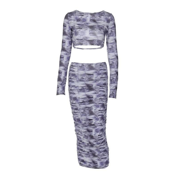 Contrast print long sleeve backless hollow out ruched cut out midi skirt set-final-sale  | Festival Outfits Women