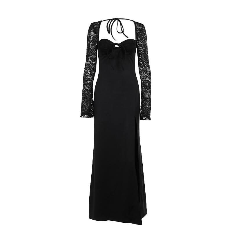 Sweetheart neck long sleeve self tie slit maxi dress  | Festival Outfits Women