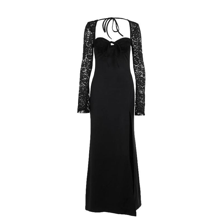 Sweetheart neck long sleeve self tie slit maxi dress  | Festival Outfits Women
