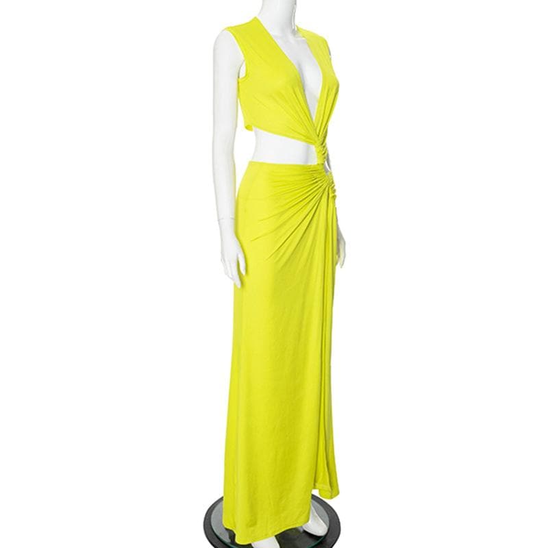 V neck sleeveless high slit ruched maxi dress  | Festival Outfits Women