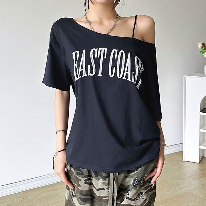 Short sleeve letter pattern round neck contrast top  | Festival Outfits Women