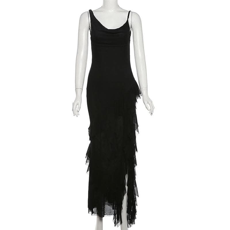 Cowl neck mesh ruffle slit irregular solid cami maxi dress-final-sale  | Festival Outfits Women