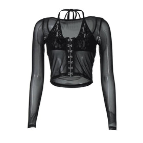 Halter long sleeve mesh lace hem button top  | Festival Outfits Women-final-sale