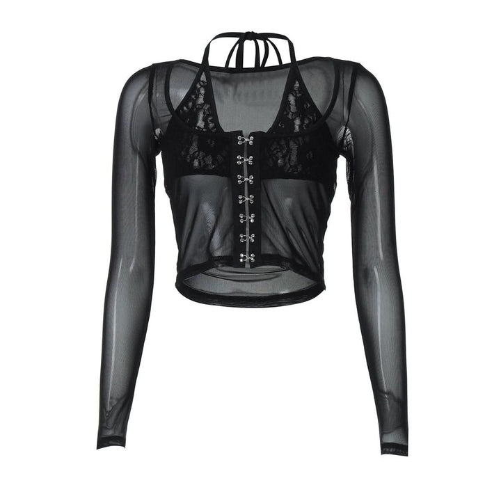 Halter long sleeve mesh lace hem button top  | Festival Outfits Women-final-sale